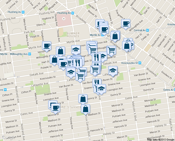 map of restaurants, bars, coffee shops, grocery stores, and more near 408 Kosciuszko Street in Brooklyn