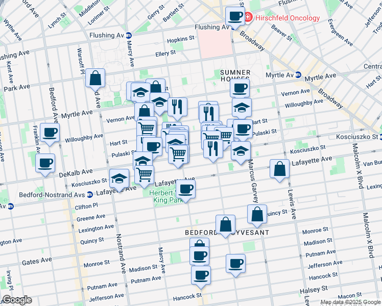 map of restaurants, bars, coffee shops, grocery stores, and more near 209 Tompkins Avenue in Brooklyn