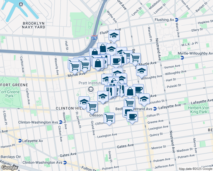 map of restaurants, bars, coffee shops, grocery stores, and more near 263 Classon Avenue in Brooklyn