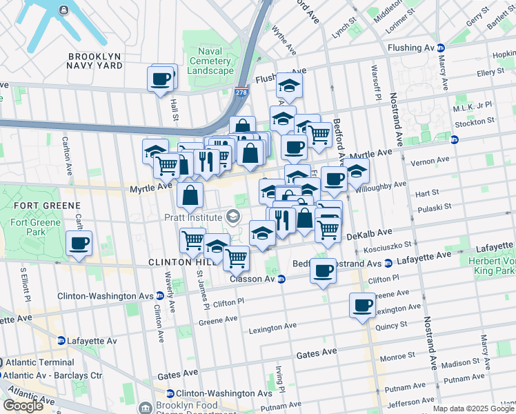 map of restaurants, bars, coffee shops, grocery stores, and more near 232A Willoughby Avenue in Brooklyn