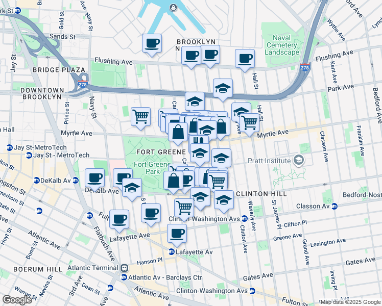 map of restaurants, bars, coffee shops, grocery stores, and more near 191 Carlton Avenue in Brooklyn