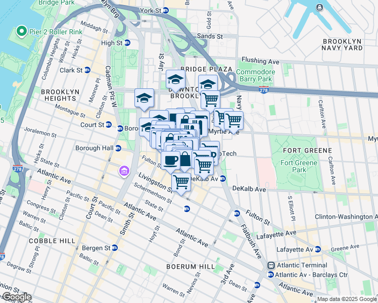 map of restaurants, bars, coffee shops, grocery stores, and more near 106 Willoughby Street in Brooklyn
