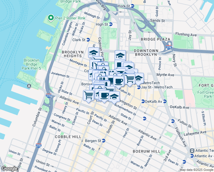 map of restaurants, bars, coffee shops, grocery stores, and more near 210 Joralemon Street in Brooklyn