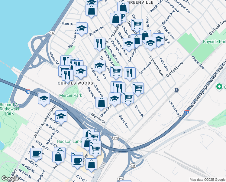 map of restaurants, bars, coffee shops, grocery stores, and more near 126 Gates Avenue in Jersey City