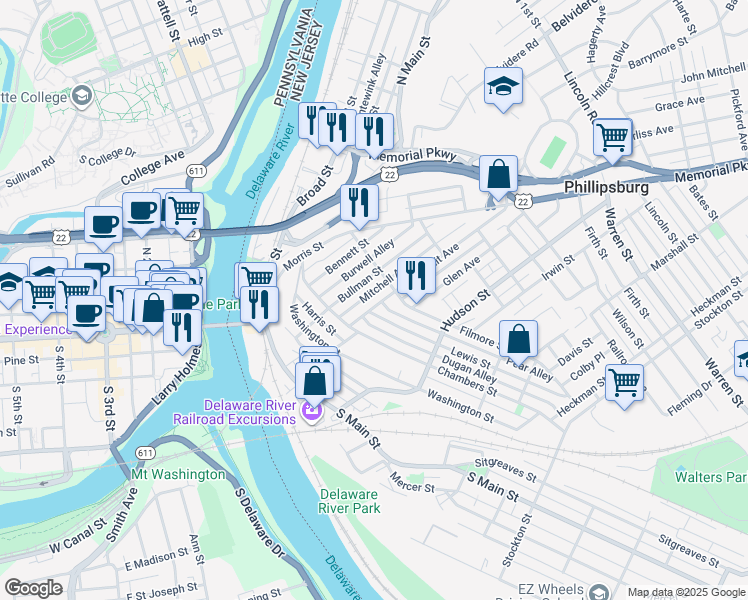 map of restaurants, bars, coffee shops, grocery stores, and more near 29 Summit Avenue in Phillipsburg