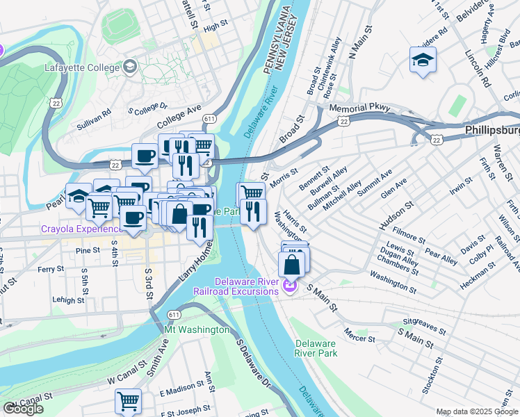 map of restaurants, bars, coffee shops, grocery stores, and more near 16 North Main Street in Phillipsburg