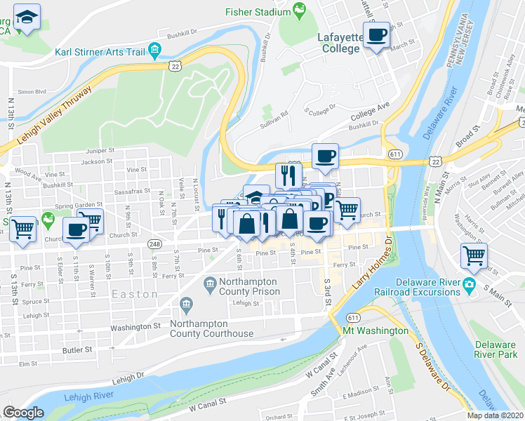 map of restaurants, bars, coffee shops, grocery stores, and more near 37 North 5th Street in Easton