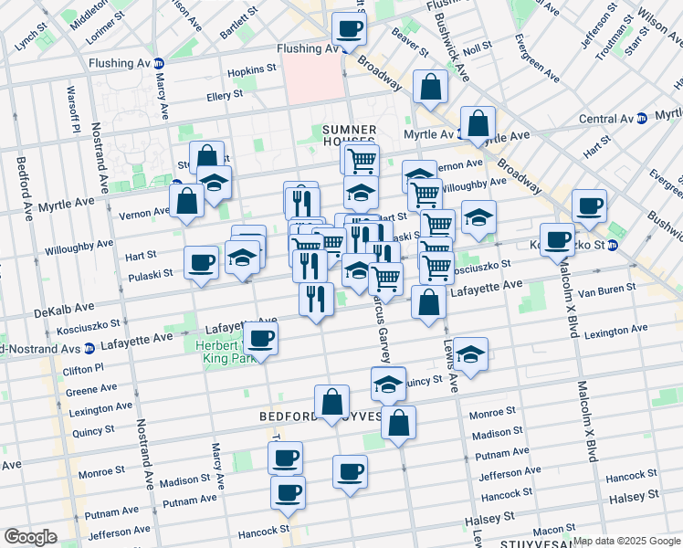 map of restaurants, bars, coffee shops, grocery stores, and more near 347 Kosciuszko Street in Brooklyn