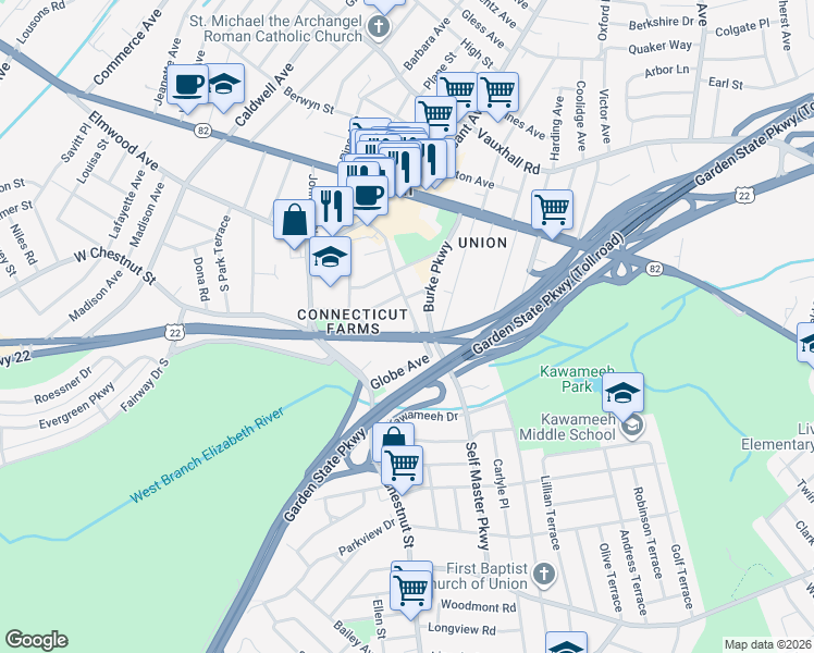 map of restaurants, bars, coffee shops, grocery stores, and more near 1345 U.S. 22 in Union
