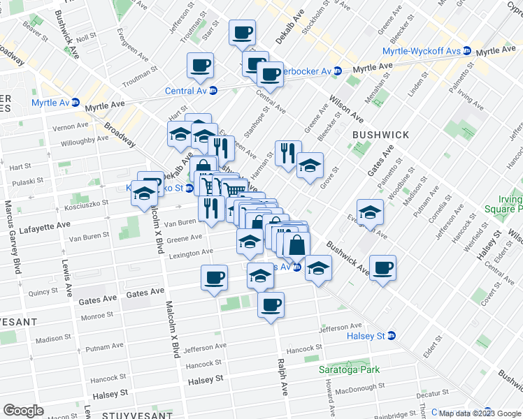 map of restaurants, bars, coffee shops, grocery stores, and more near 1094 Greene Avenue in Brooklyn