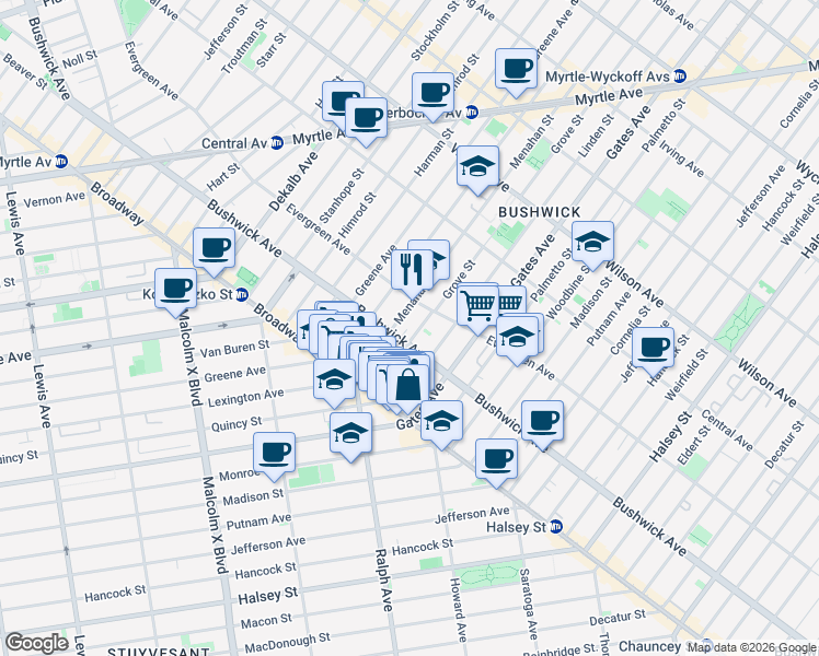 map of restaurants, bars, coffee shops, grocery stores, and more near 59 Grove Street in Brooklyn