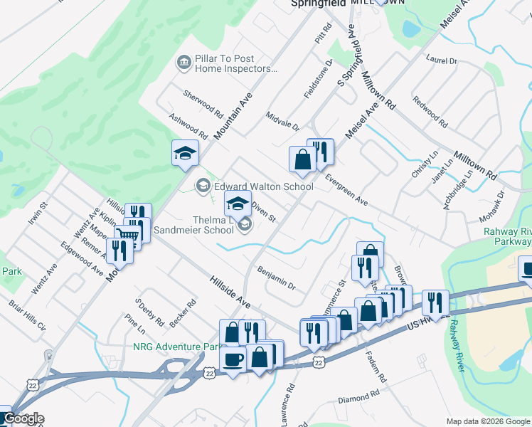 map of restaurants, bars, coffee shops, grocery stores, and more near 23 Diven Street in Springfield