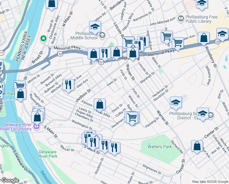 map of restaurants, bars, coffee shops, grocery stores, and more near 100 Henderson Street in Phillipsburg