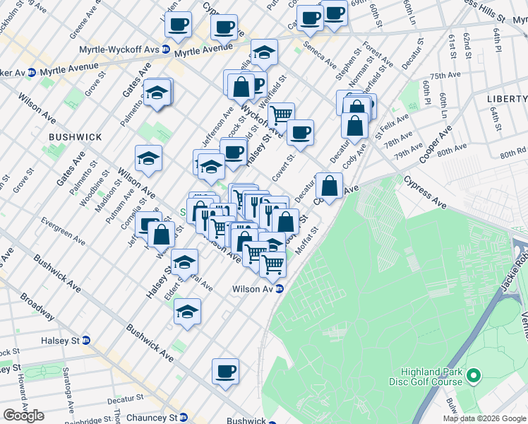 map of restaurants, bars, coffee shops, grocery stores, and more near 279 Schaefer Street in Brooklyn