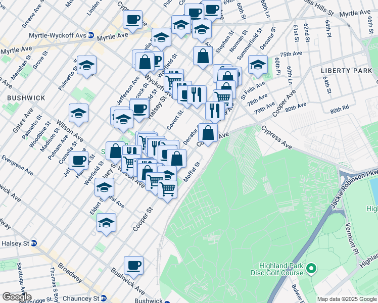 map of restaurants, bars, coffee shops, grocery stores, and more near 305 Cooper Street in Brooklyn