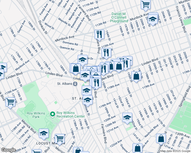 map of restaurants, bars, coffee shops, grocery stores, and more near 116-45 Farmers Boulevard in Queens