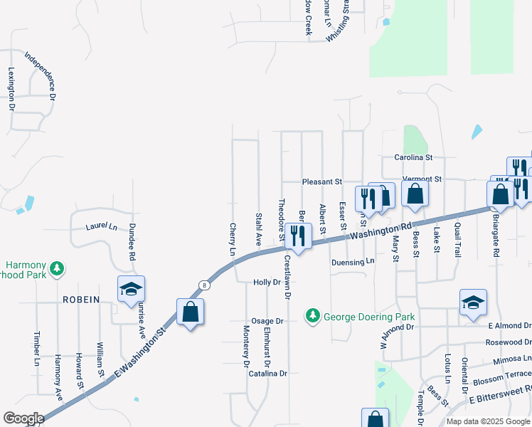 map of restaurants, bars, coffee shops, grocery stores, and more near 115 Stahl Avenue in Washington