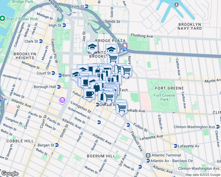 map of restaurants, bars, coffee shops, grocery stores, and more near 141 Willoughby Street in Brooklyn