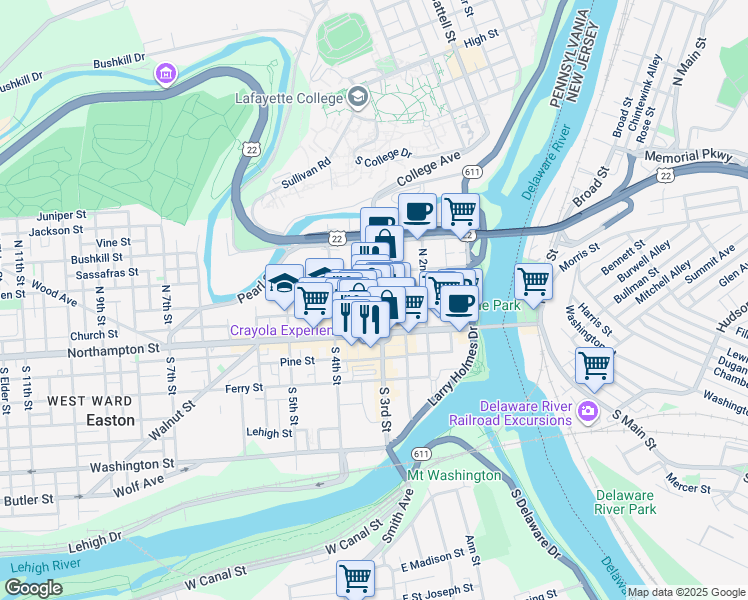 map of restaurants, bars, coffee shops, grocery stores, and more near 28 North 3rd Street in Easton