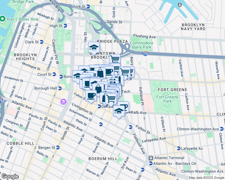 map of restaurants, bars, coffee shops, grocery stores, and more near 141 Willoughby Street in Brooklyn