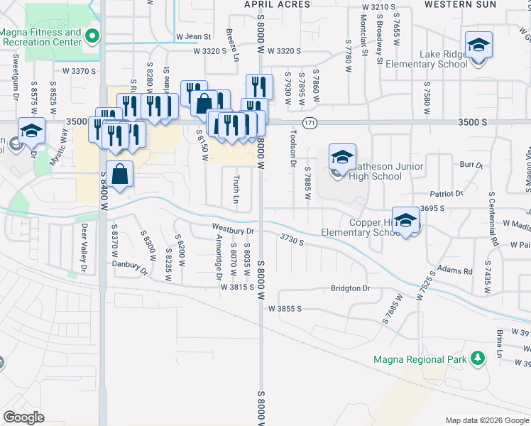 map of restaurants, bars, coffee shops, grocery stores, and more near 3698 Lasso Loop Circle in Magna