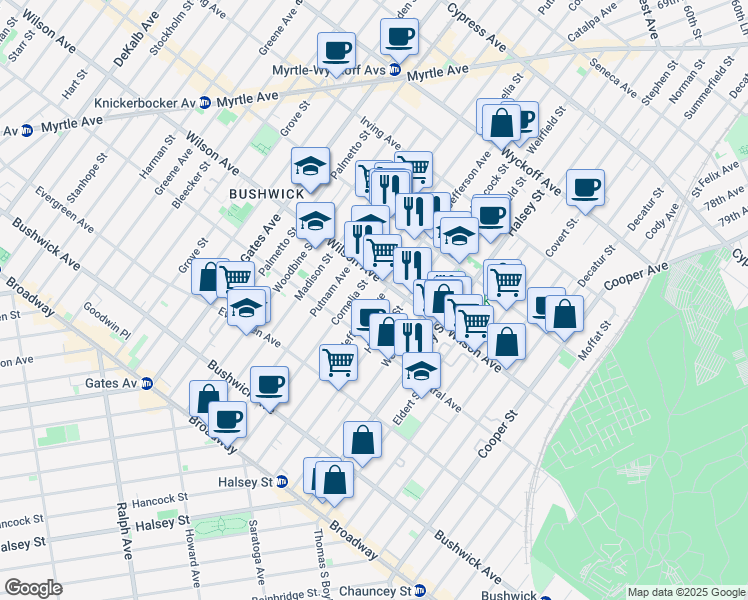 map of restaurants, bars, coffee shops, grocery stores, and more near 1266 Jefferson Avenue in Brooklyn