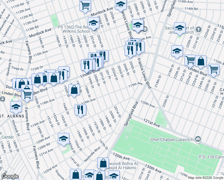 map of restaurants, bars, coffee shops, grocery stores, and more near 200-19 119th Avenue in Queens