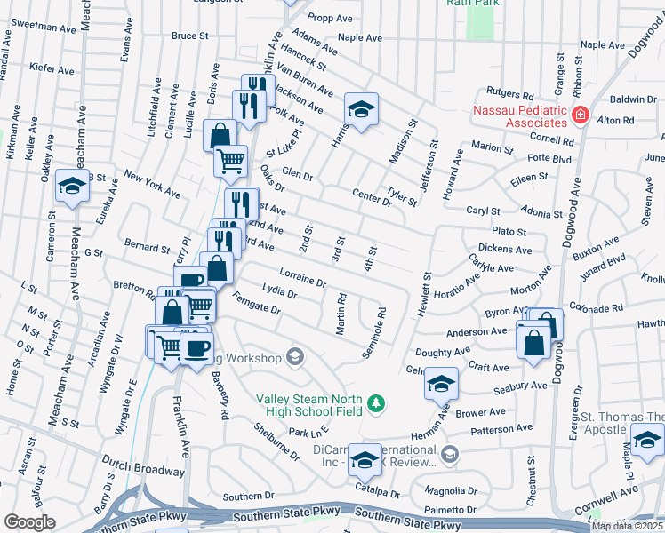 map of restaurants, bars, coffee shops, grocery stores, and more near 3rd Avenue in Franklin Square