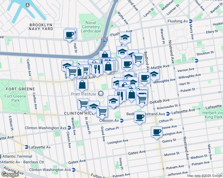 map of restaurants, bars, coffee shops, grocery stores, and more near 172 Emerson Place in Brooklyn