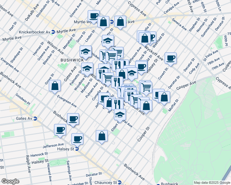 map of restaurants, bars, coffee shops, grocery stores, and more near Hancock St & Wilson Ave in Brooklyn