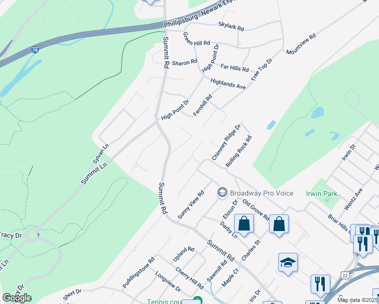 map of restaurants, bars, coffee shops, grocery stores, and more near 1049 Belair Court in Mountainside