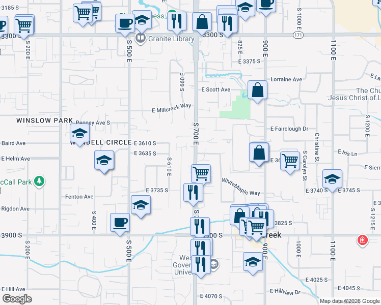 map of restaurants, bars, coffee shops, grocery stores, and more near 3646 South 700 East in South Salt Lake