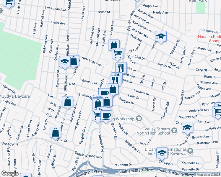 map of restaurants, bars, coffee shops, grocery stores, and more near in Franklin Square