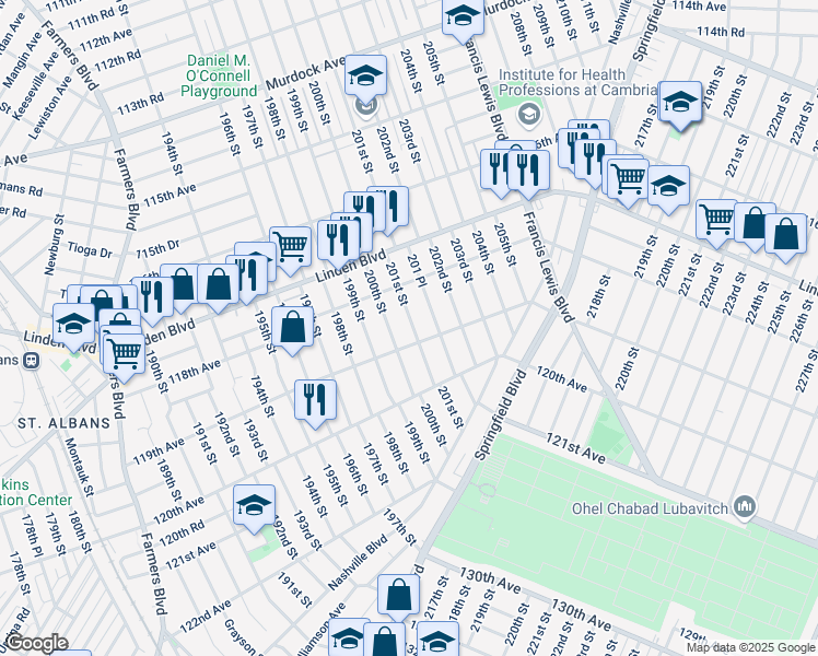 map of restaurants, bars, coffee shops, grocery stores, and more near 118-44 201st Street in Queens