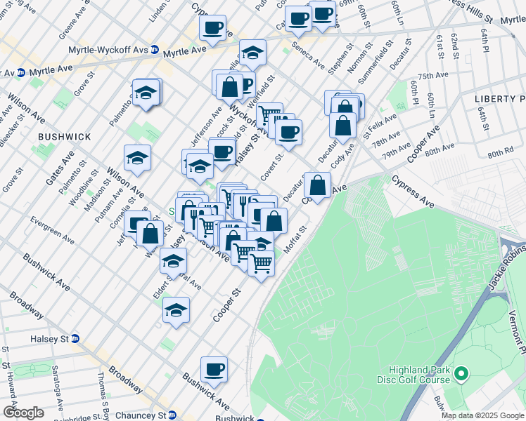 map of restaurants, bars, coffee shops, grocery stores, and more near 282 Schaefer Street in Brooklyn