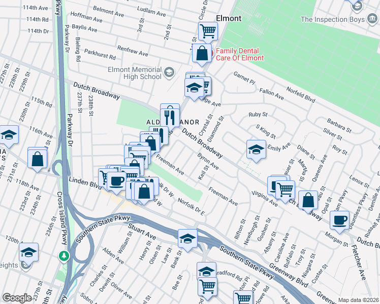 map of restaurants, bars, coffee shops, grocery stores, and more near 681 Crans Street in Elmont