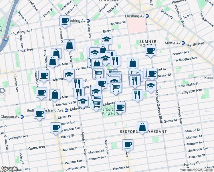 map of restaurants, bars, coffee shops, grocery stores, and more near 733 Dekalb Avenue in Brooklyn