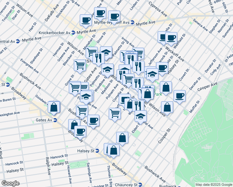 map of restaurants, bars, coffee shops, grocery stores, and more near 191 Cornelia Street in Brooklyn