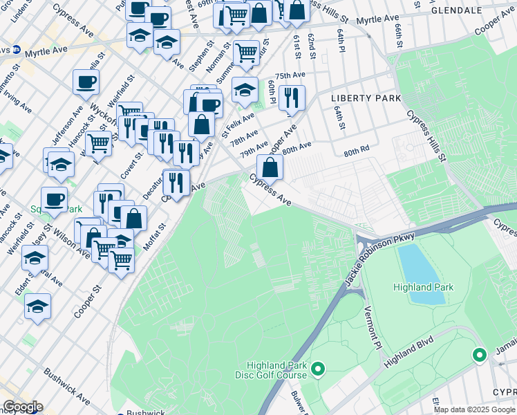 map of restaurants, bars, coffee shops, grocery stores, and more near 80-58 57th Street in Queens