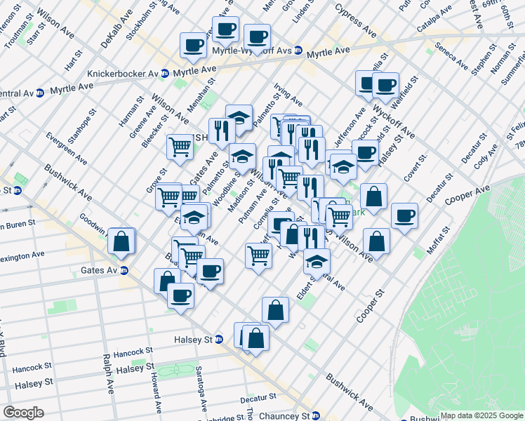 map of restaurants, bars, coffee shops, grocery stores, and more near 461 Central Avenue in Brooklyn