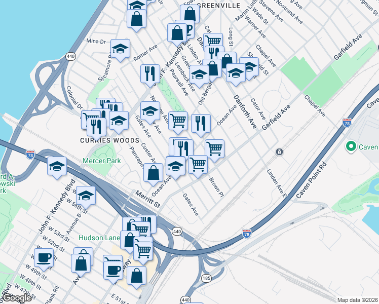 map of restaurants, bars, coffee shops, grocery stores, and more near in Jersey City