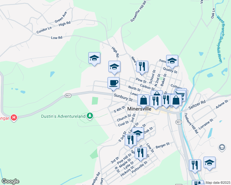 map of restaurants, bars, coffee shops, grocery stores, and more near 468 Sunbury Street in Minersville
