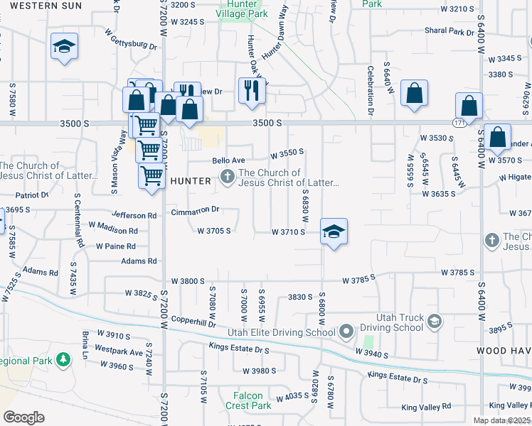 map of restaurants, bars, coffee shops, grocery stores, and more near 3687 Royal Scott Drive in West Valley City