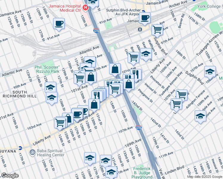 map of restaurants, bars, coffee shops, grocery stores, and more near 102-39 135th Street in Queens