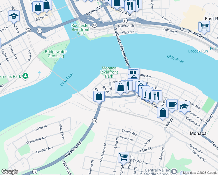 map of restaurants, bars, coffee shops, grocery stores, and more near 298 6th Street in Monaca