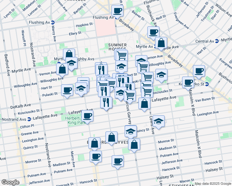 map of restaurants, bars, coffee shops, grocery stores, and more near 347 Kosciuszko Street in Brooklyn