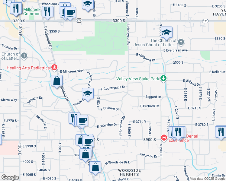 map of restaurants, bars, coffee shops, grocery stores, and more near 1772 East Countryside Drive in Salt Lake City