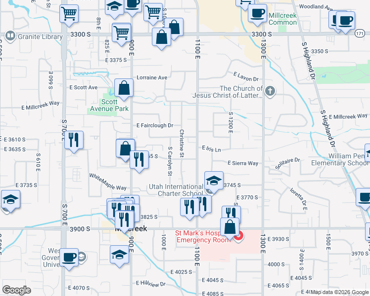 map of restaurants, bars, coffee shops, grocery stores, and more near 3641 Christine Street in Millcreek