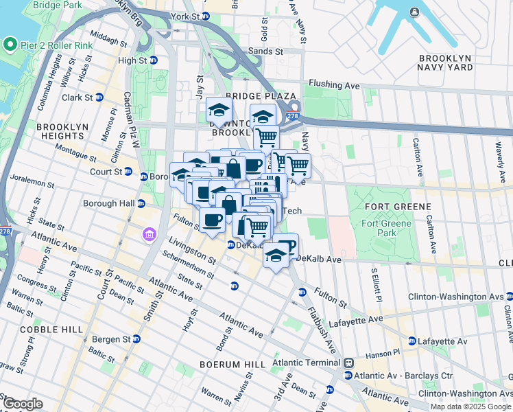 map of restaurants, bars, coffee shops, grocery stores, and more near 1 City Point in Brooklyn