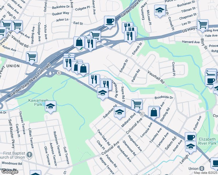 map of restaurants, bars, coffee shops, grocery stores, and more near 1567 Barton Road in Union